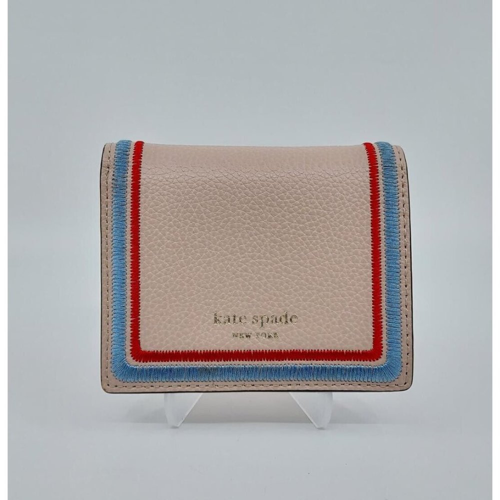 Kate Spade Beige Blue Red Embroidered Stitched Leather Baldwin Eva Snap Wallet